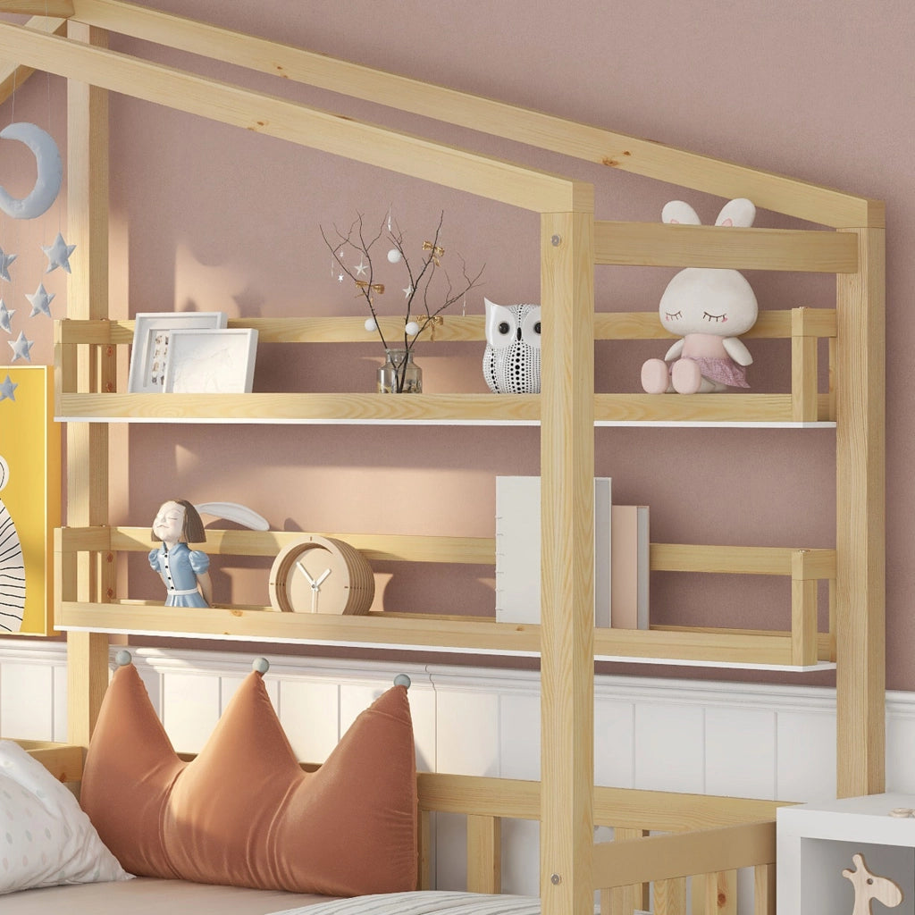 Letto a casa per bambini con cassetti e mensole in legno massello naturale 90x200 cm+140x70 cm