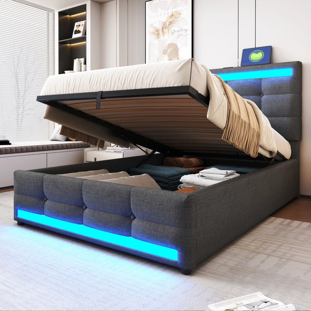 OKWISH Letto Bambini 90×200 cm, Letto Singolo con Contenitore, USB, LED Regolabile e Testiera Regolabile, senza Materasso, Grigio