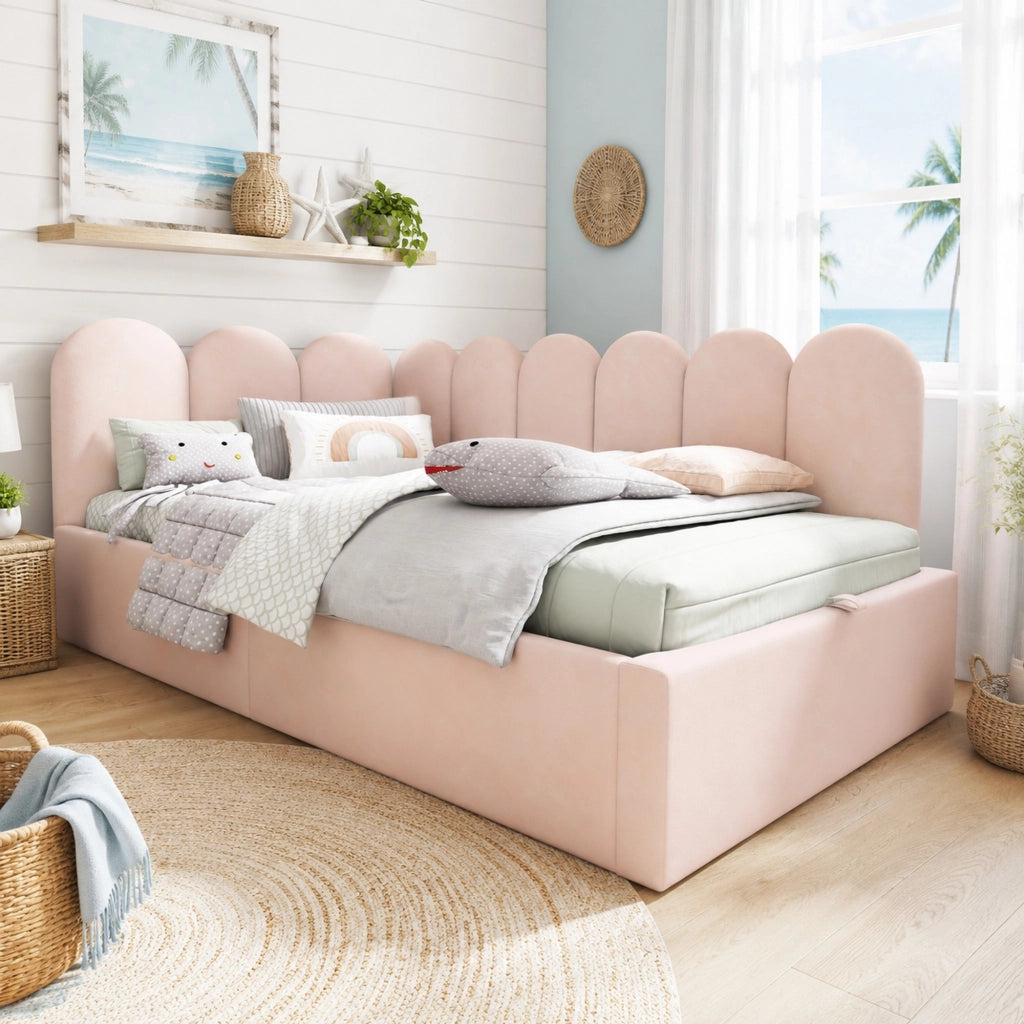 Letto da giorno imbottito 90x190 cm con contenitore idraulico, rete in metallo, velluto rosa, senza materasso