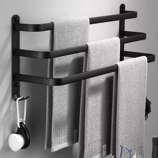 Maniglione per asciugamani, senza fori, bagno, nero, 60 cm, 3 cinture, maniglione per asciugamani in alluminio, maniglione per ospiti, parete, adesivo, per bagno, cucina, toilette