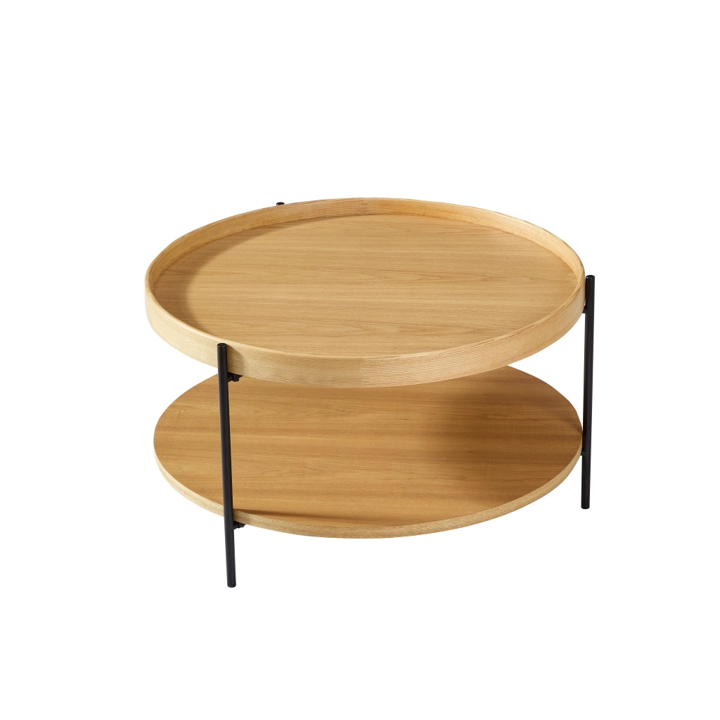 Tavolino basso rotondo con 2 ripiani, design moderno, in legno massello e MDF, naturale, per soggiorno, 69 × 69 × 38 cm