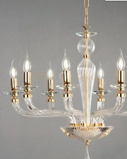 LAMPADARIO VILLA VETRO E METALLO 12 LUCI ORO E TRASPARENTE ATTACCO E14 D.85CM