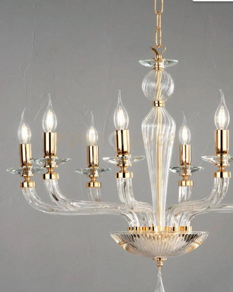 LAMPADARIO VILLA VETRO E METALLO 12 LUCI ORO E TRASPARENTE ATTACCO E14 D.85CM