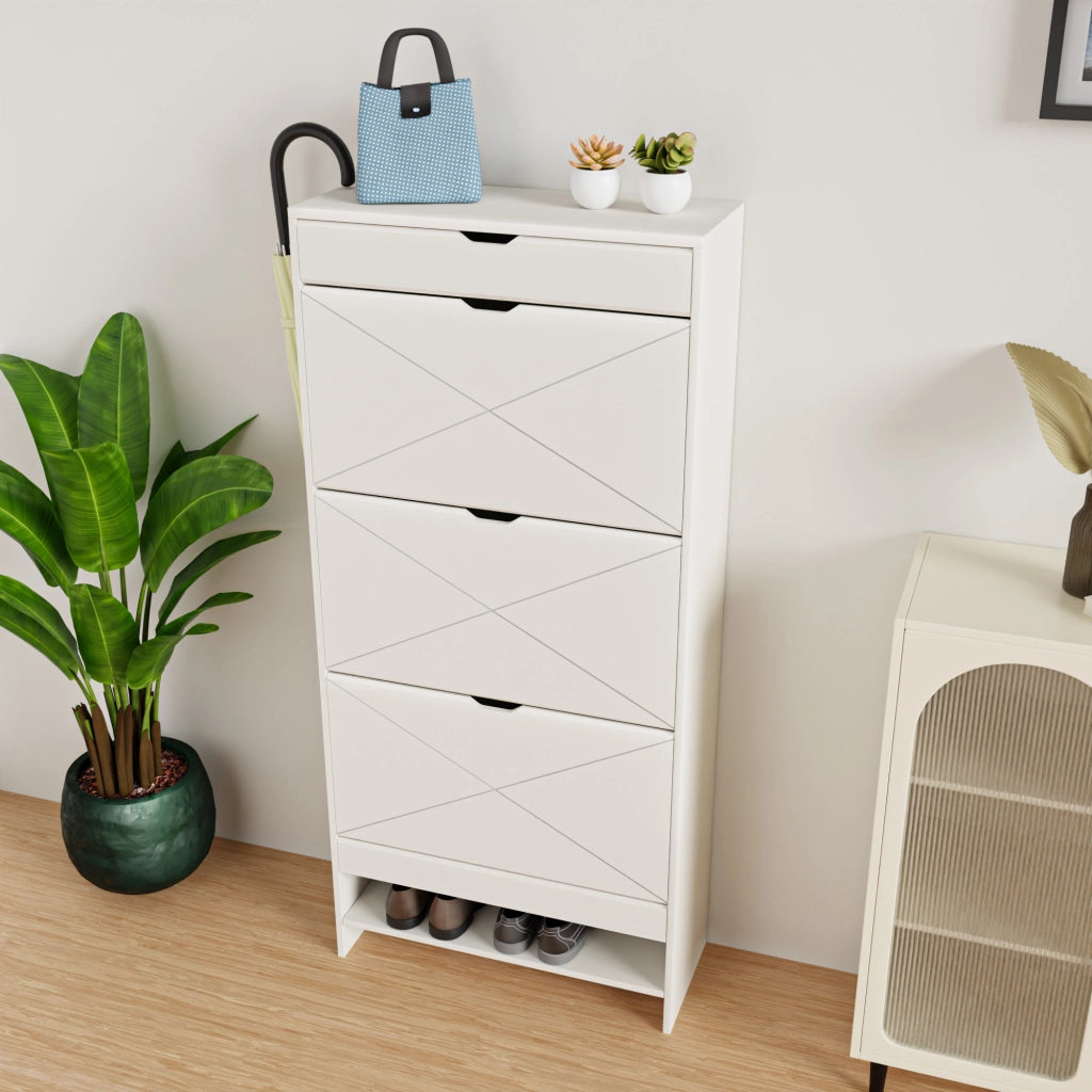 Scarpiera con 3 ribalte e cassetto superiore, in MDF bianco, 2 livelli con ripiano estraibile