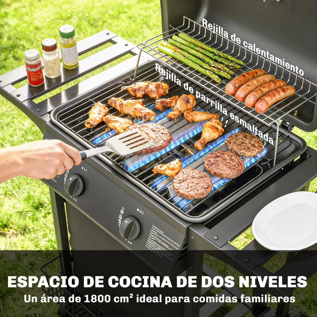 Barbecue a Gas con 2 Bruciatori 5 kW ¨C zephmum ¨C Griglia Riscaldante 2 Ruote Termometro Tavoli Laterali Nero