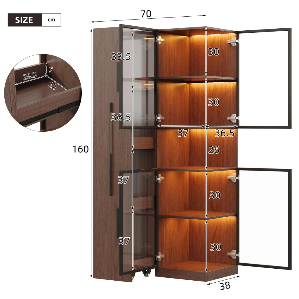 Vetrina alta in MDF e vetro 70×38×160 cm, colore noce, con ripiani estraibili e LED multicolore