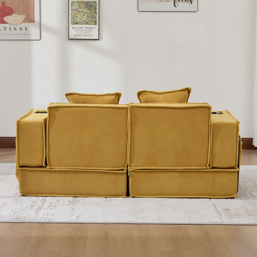 Pouf divano modulare in Chenille senape con 2 cuscini, tasche laterali e struttura bassa