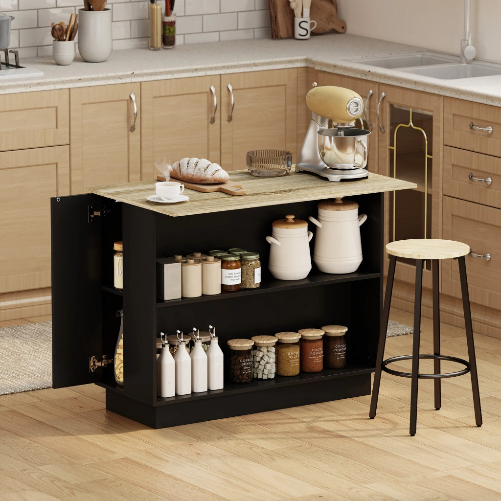 Isola per Cucina con 2 Ripiani Aperti e 2 Armadietti, in MDF, 105x60x82 cm, color Rovere e Nero