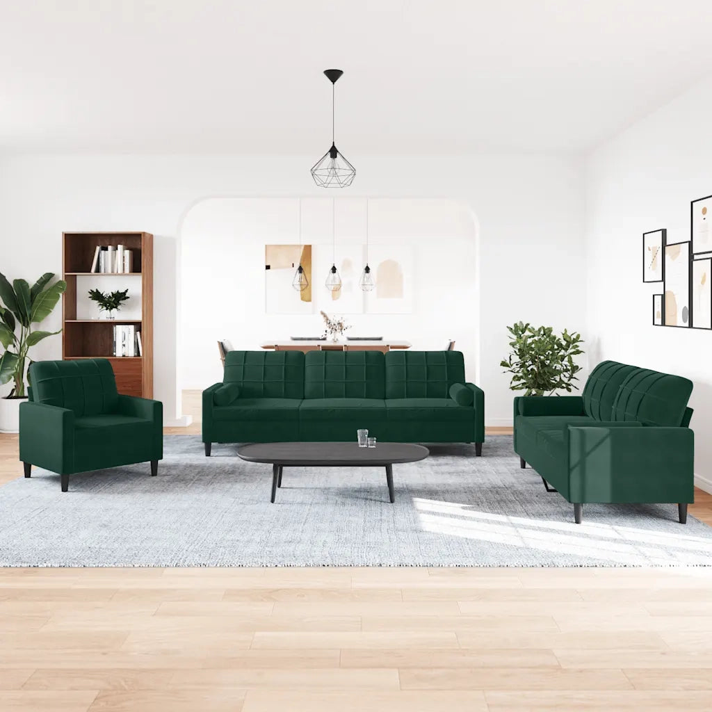 Set di Divani 3 pz con Cuscini e Rinforzi Verde scuro Velluto 3278453