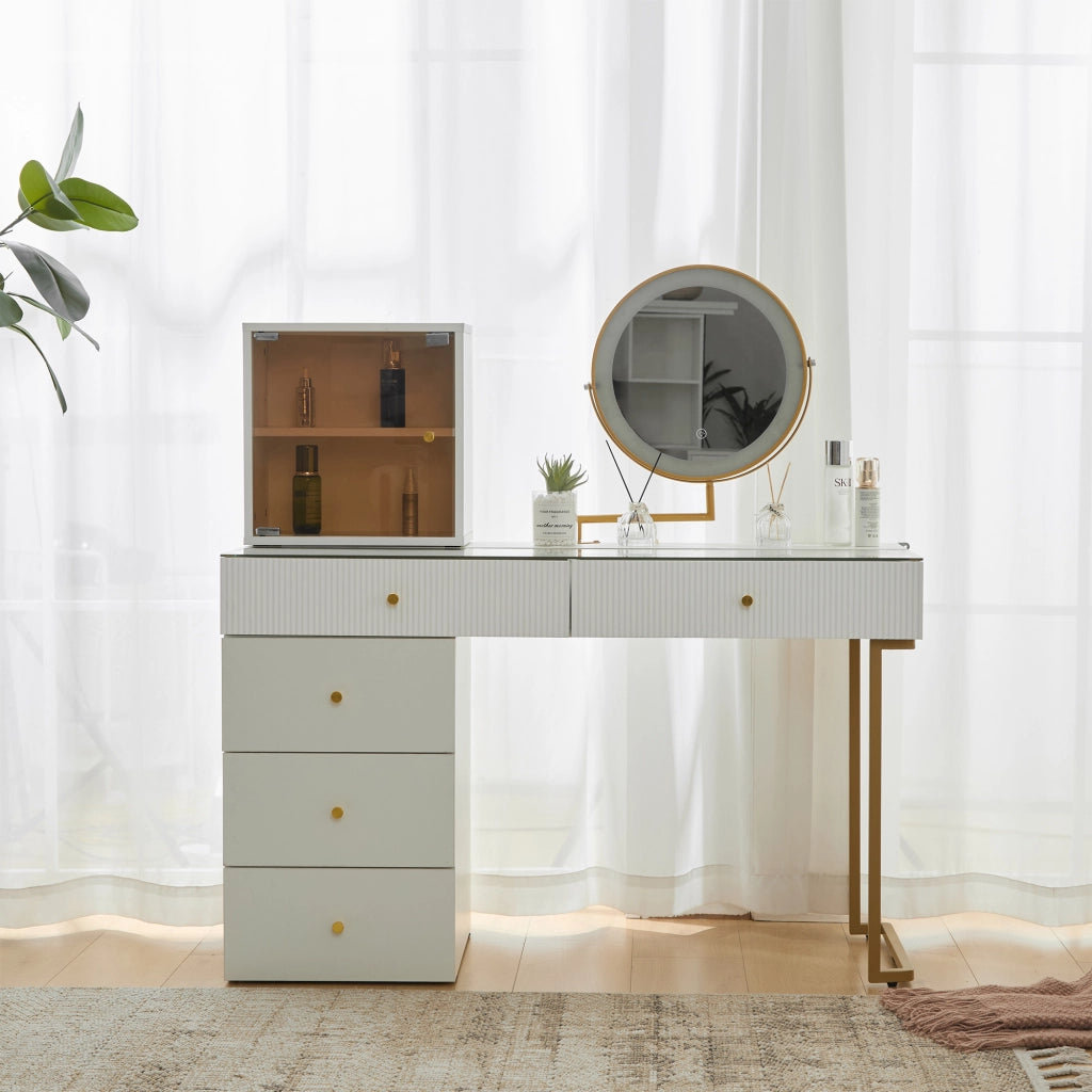 Set toeletta con specchio LED a 3 colori, piano in vetro, bianco e oro, 120 x 45 x 115 cm