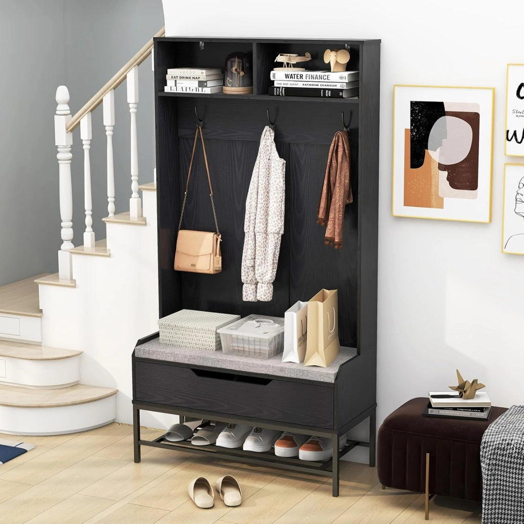 Appendiabiti con Panca Integrata, 3 Ganci + 2 Cubi Portascarpe & Ripiano Nascosto, Armadio Ingresso Multifunzionale 90x38x170cm, Design Elegante per Corridoio e Soggiorno, Facile Assemblaggio