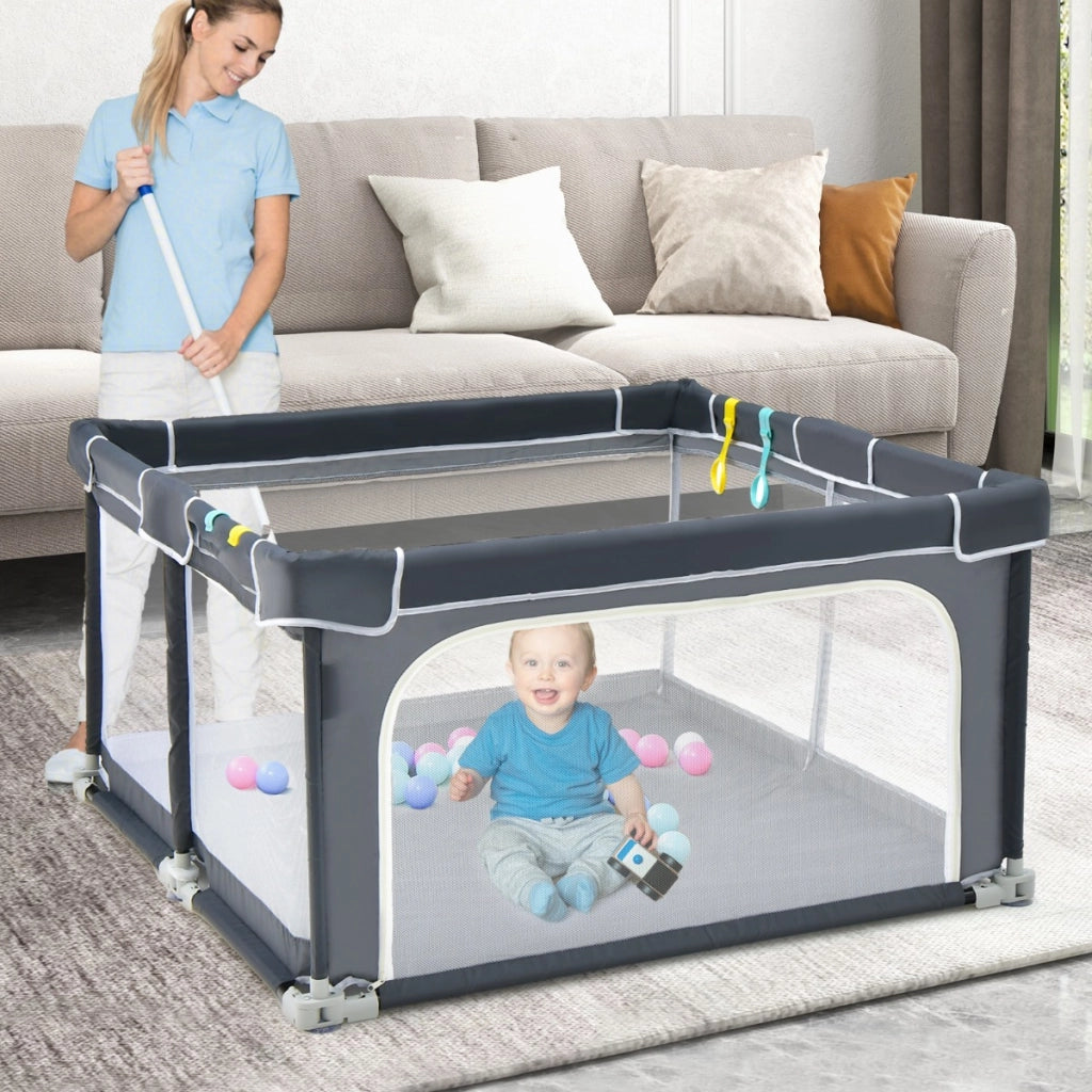 Box per bambini pieghevole con pareti in rete traspirante, Recinto portatile con ventose antiscivolo Grigio scuro-Cancelletti di sicurezza