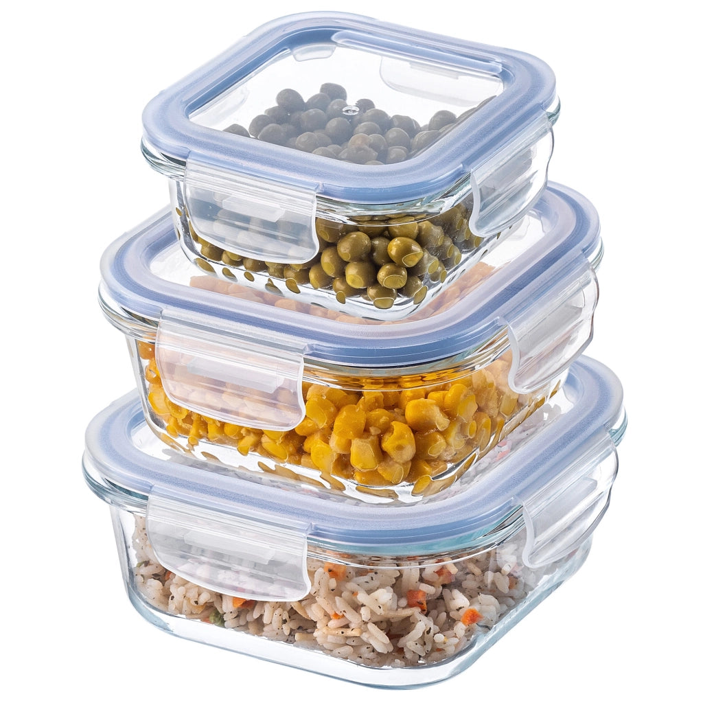 Set di 3 contenitori per alimenti in vetro KADAX con coperchi, scatola quadrata