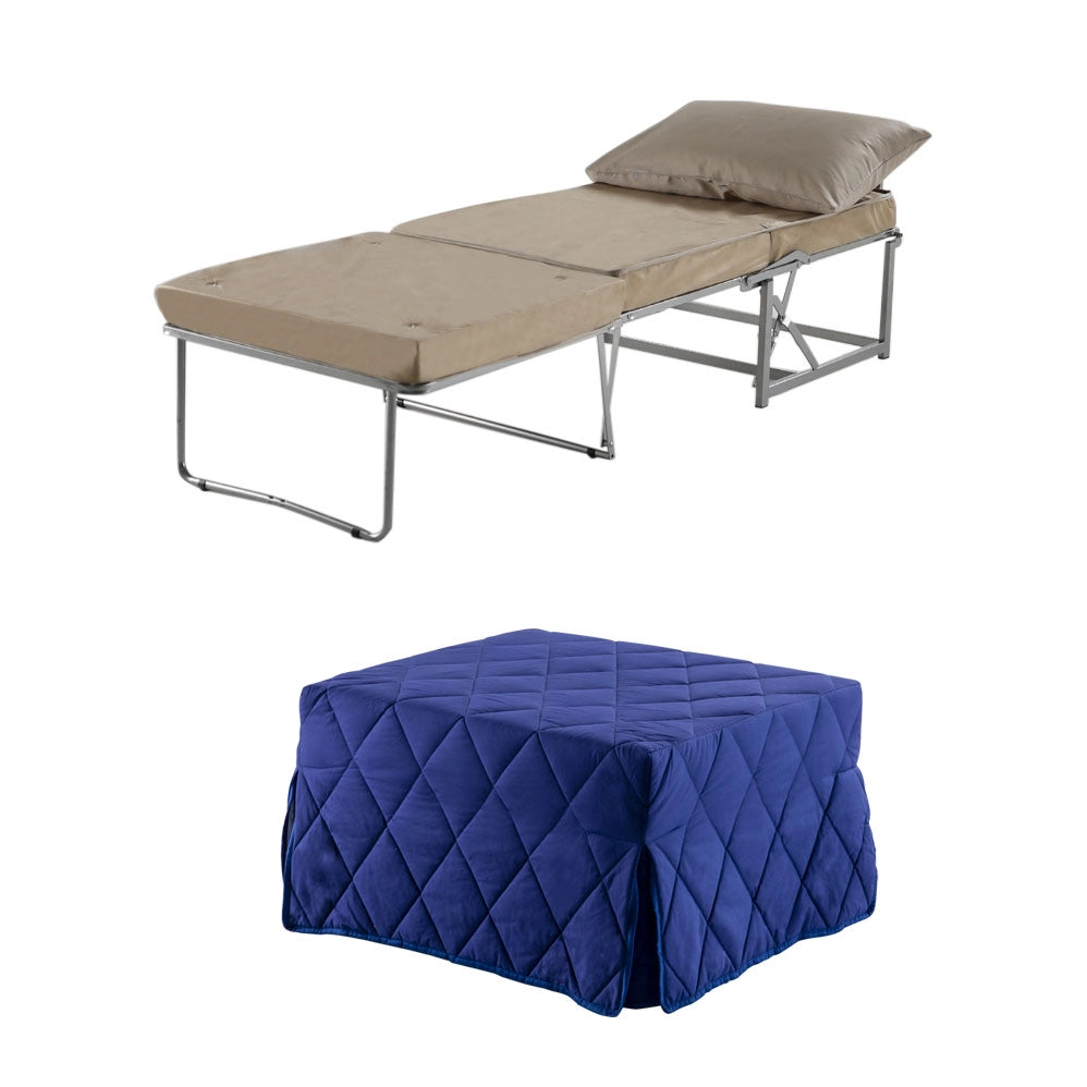Pouf letto blu che diventa comodo materassino alto 10 per ospiti inattesi. Cubo letto, materassino con rete apribile con dimensione 76x210 x 10 di altezza