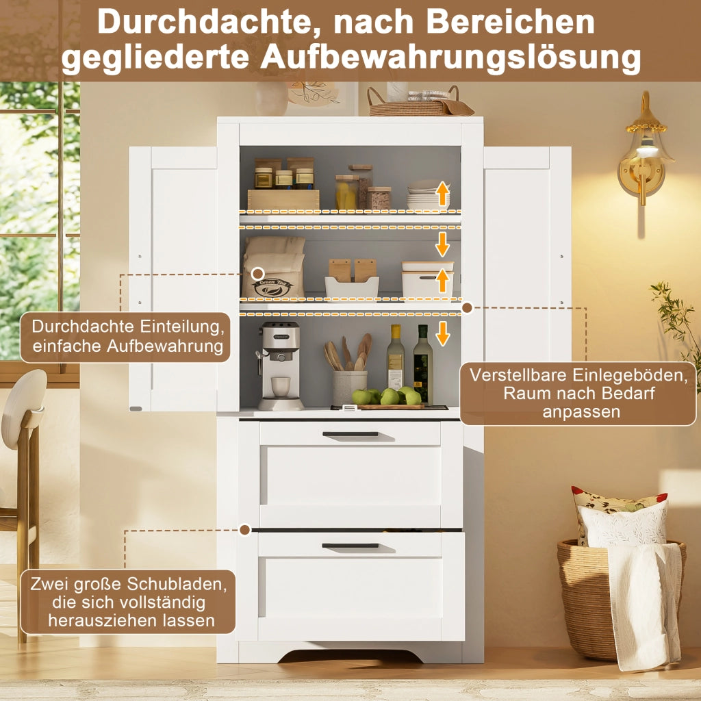 Mobile contenitore con 2 cassetti e ripiani regolabili, stile rustico, per cucina sala da pranzo e soggiorno, bianco