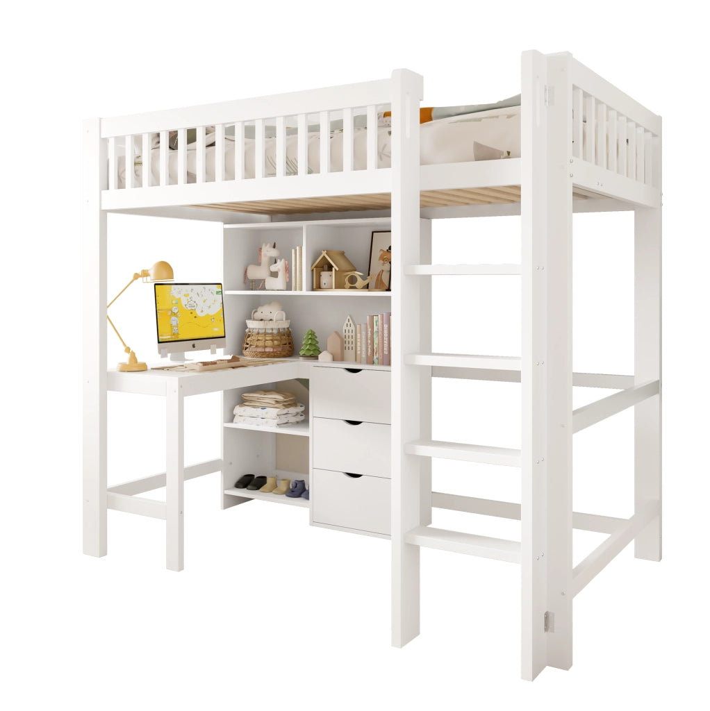 Letto a soppalco 90x200 cm con scrivania; cassetti e vani aperti in legno e MDF bianco