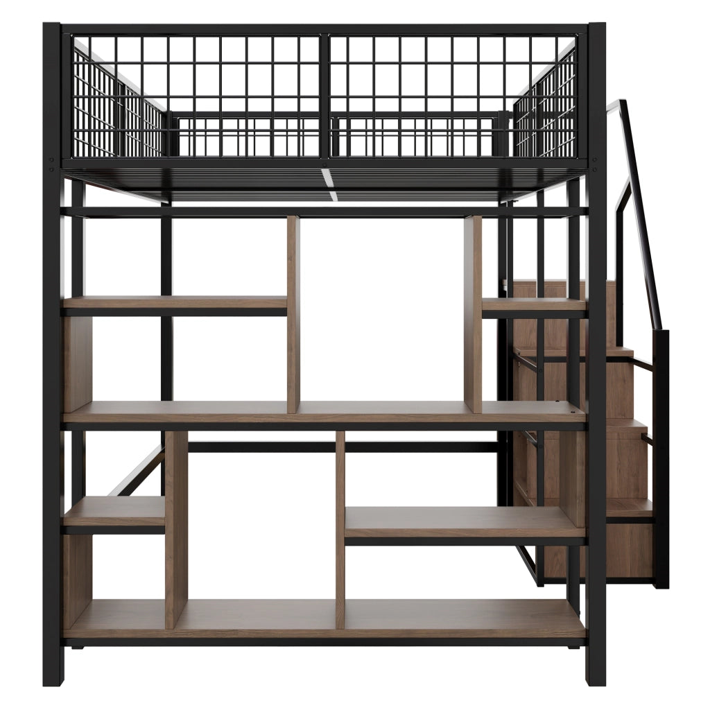 OKWISH Letto a Soppalco 140×200 cm, Letto Matrimoniale con Scala Contenitore, Ripiani e Vani, senza Materasso, Metallo e Legno, Nero