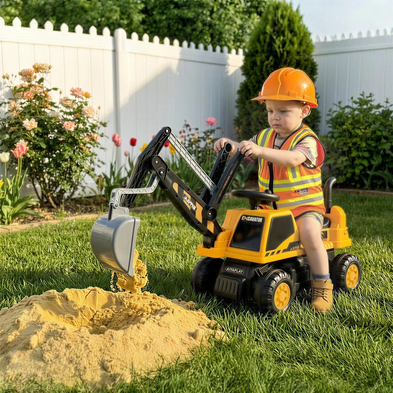 Escavatore cavalcabile con pala, volante girevole, sovrastruttura regolabile, schienale, per bambini da 1,5 a 3 anni, giallo.