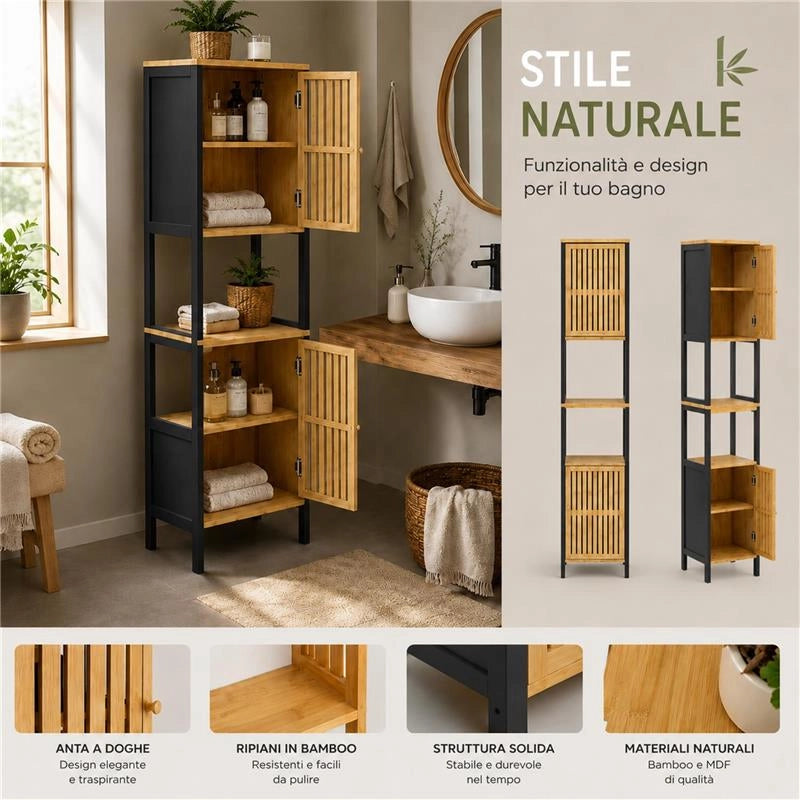 MOBILE DA BAGNO IN LEGNO CON 2 ANTE E RIPIANO IN BAMBOO - COLORE NERO DIMENSIONI 32X30X173 CM