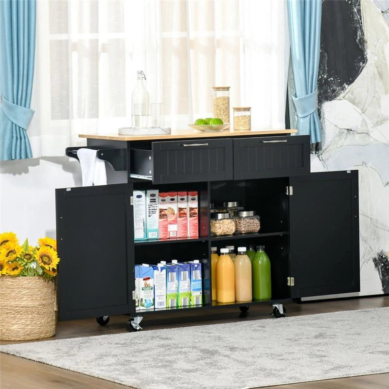CARRELLO DA CUCINA MULTIUSO IN LEGNO CON 2 CASSETTI ARMADIETTO E 4 RUOTE NERO