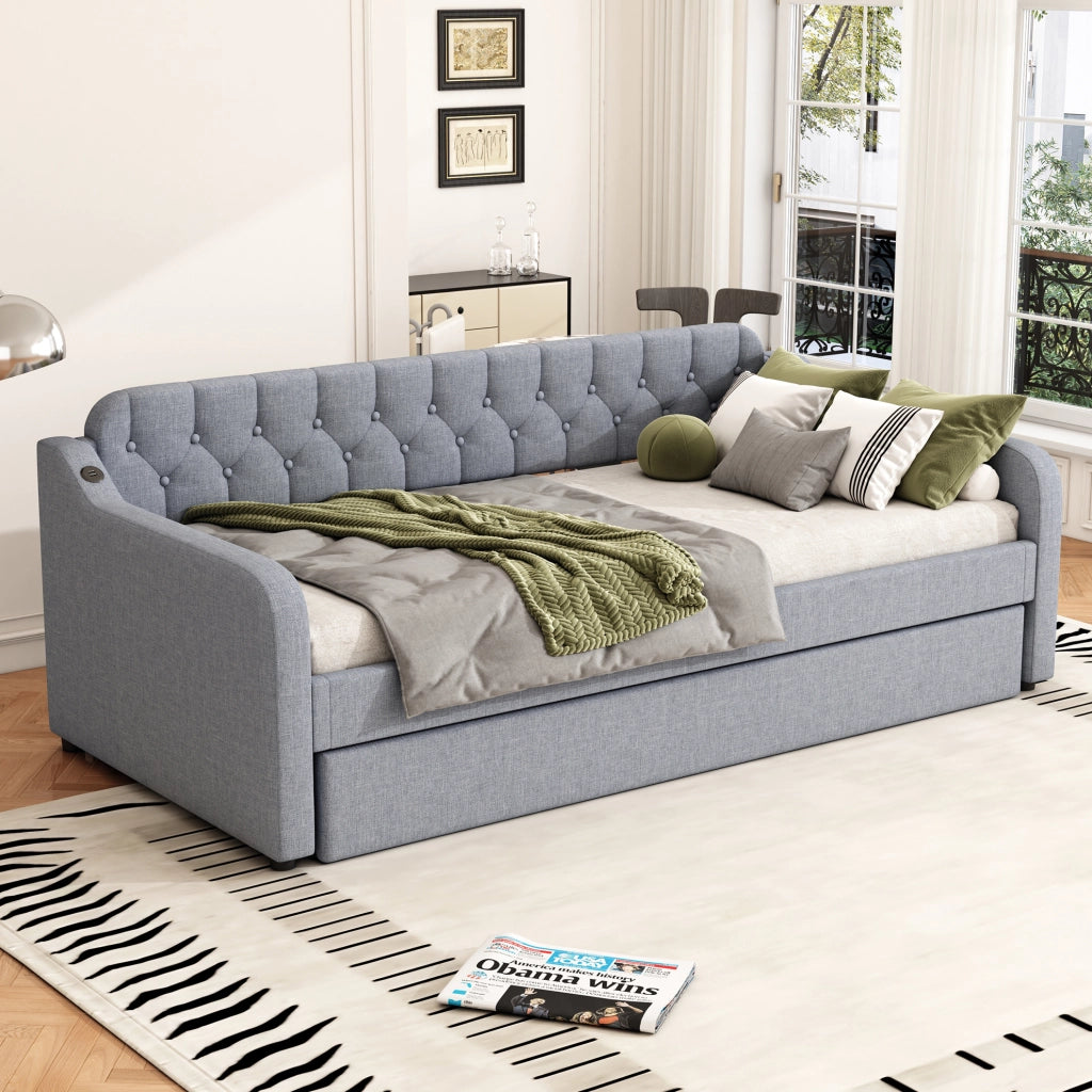 DIVANO LETTO 90x200 cm con USB in lino grigio