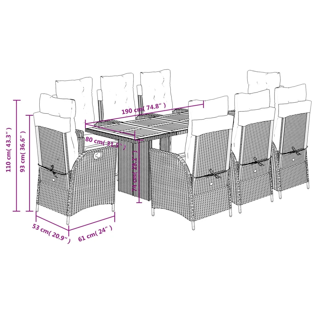 Set da Pranzo da Giardino 9 pz con Cuscini in Polyrattan Grigio 3213371