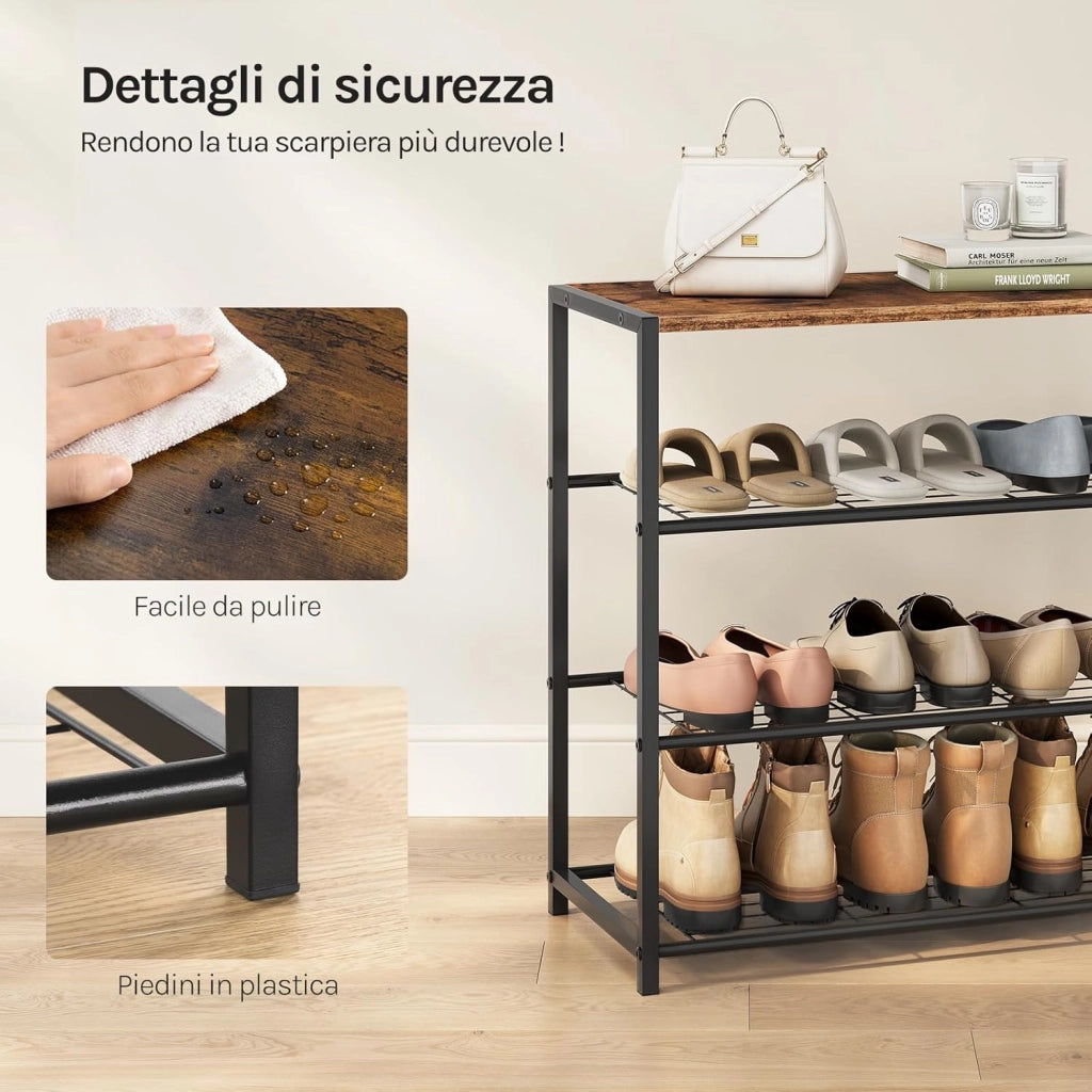 Scarpiera da Ingresso Panca Scarpiera a 3 Ripiani per 9 Scarpe, Porta Scarpe Scaffale con Seduta in Legno e Metallo