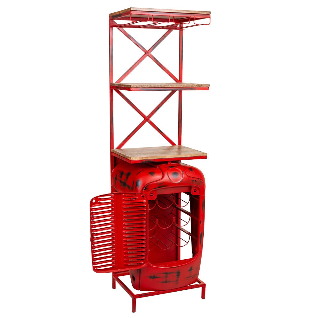 Portabottiglie trattore in legno e metallo rosso 84x40x185h