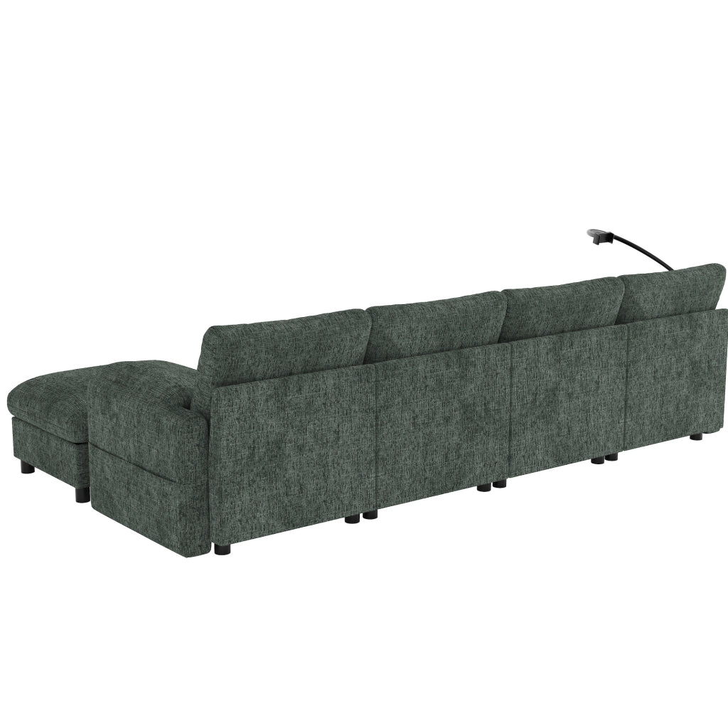 Divano modulare angolare 6 posti con 2 pouf contenitore; USB Type-C; chenille verde