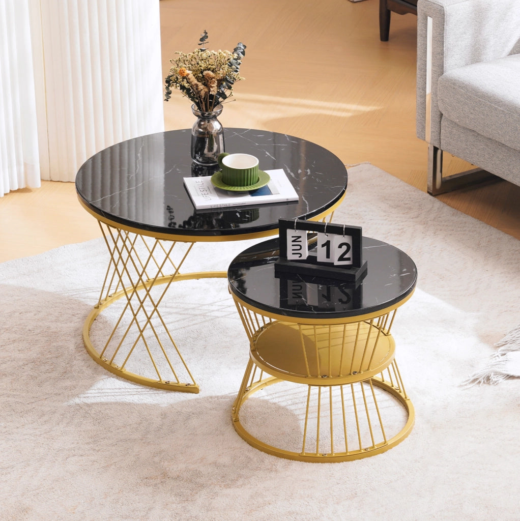 Set di tavolini impilabili rotondi con effetto marmo, MDF e metallo