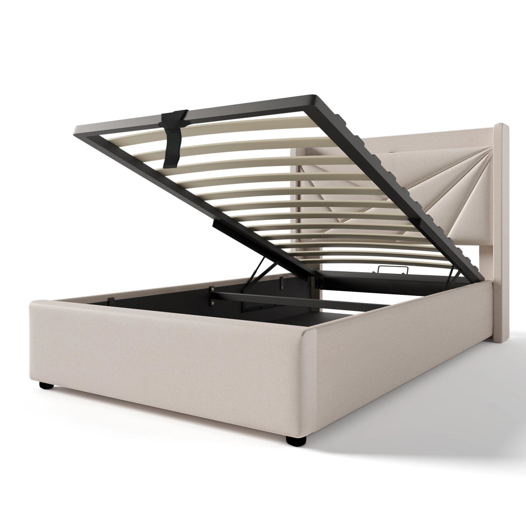 OKWISH Letto Contenitore 90×200 cm, Letto Singolo con USB, Tipo C e Testiera, senza Materasso, in Lino Cotone, Beige