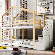 OKWISH Letto a castello casetta 90×200 cm, Letto Singolo con scala contenitore, cassetti e barriera, senza Materasso, Naturale e Bianco