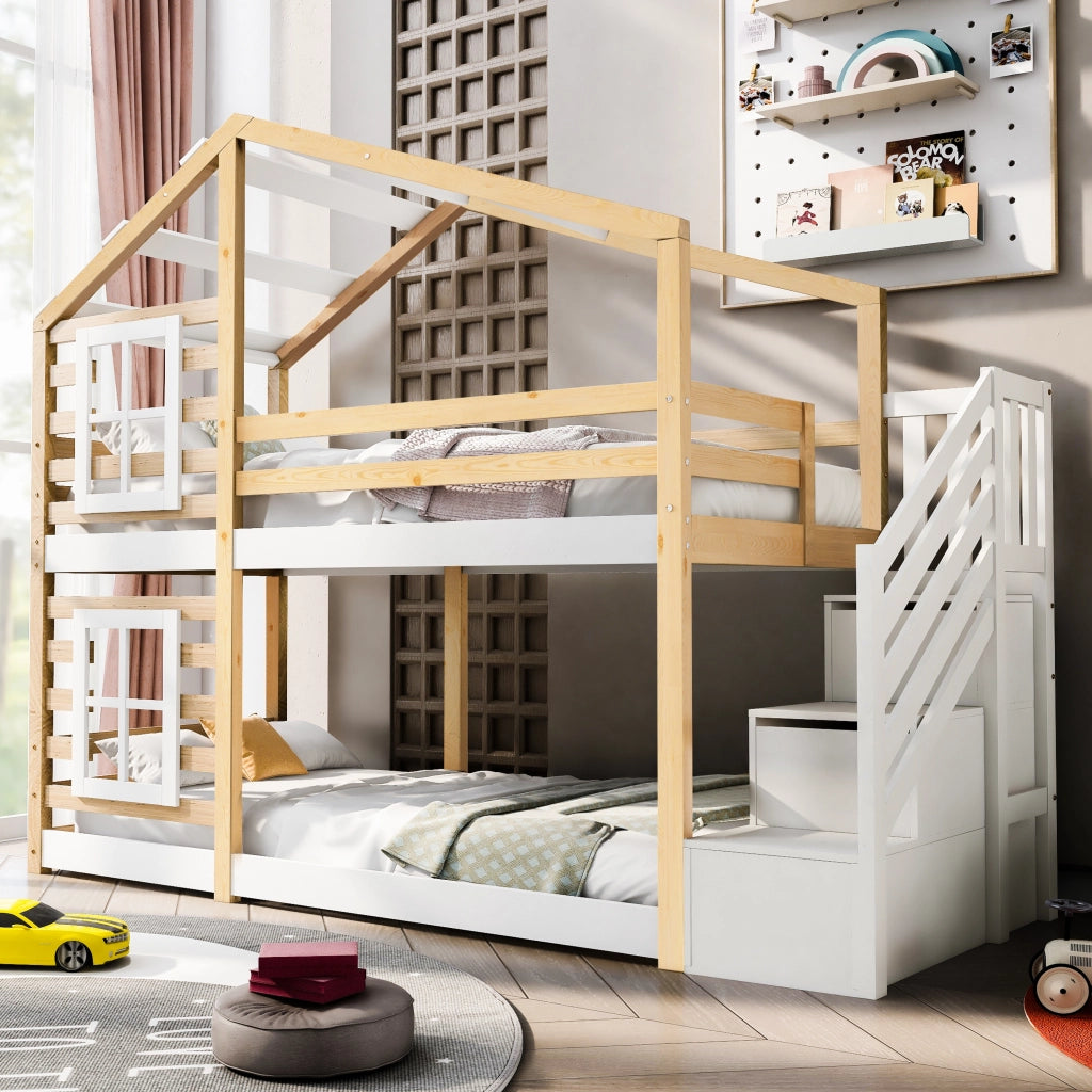 OKWISH Letto a castello casetta 90×200 cm, Letto Singolo con scala contenitore, cassetti e barriera, senza Materasso, Naturale e Bianco