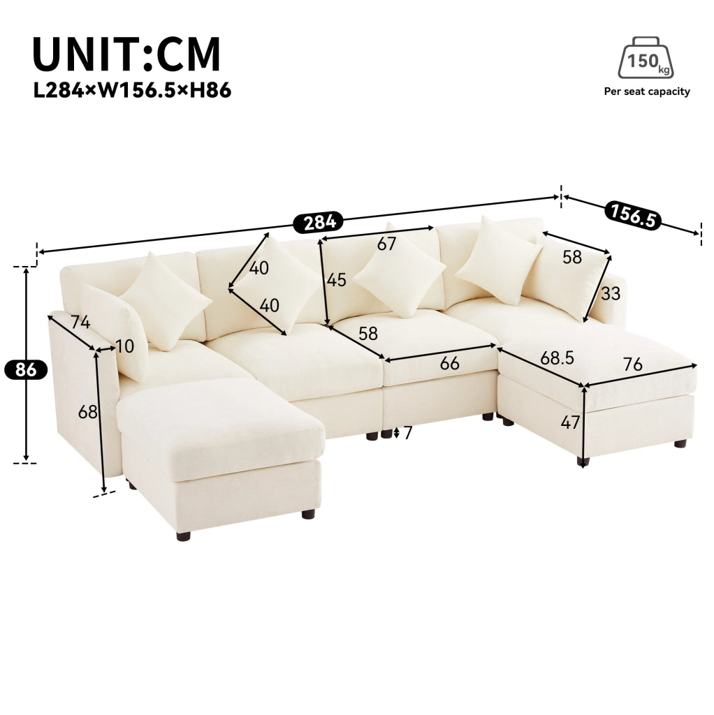 Divano modulare angolare a L in chenille beige 284x156;5x86 cm con 2 pouf e cuscini
