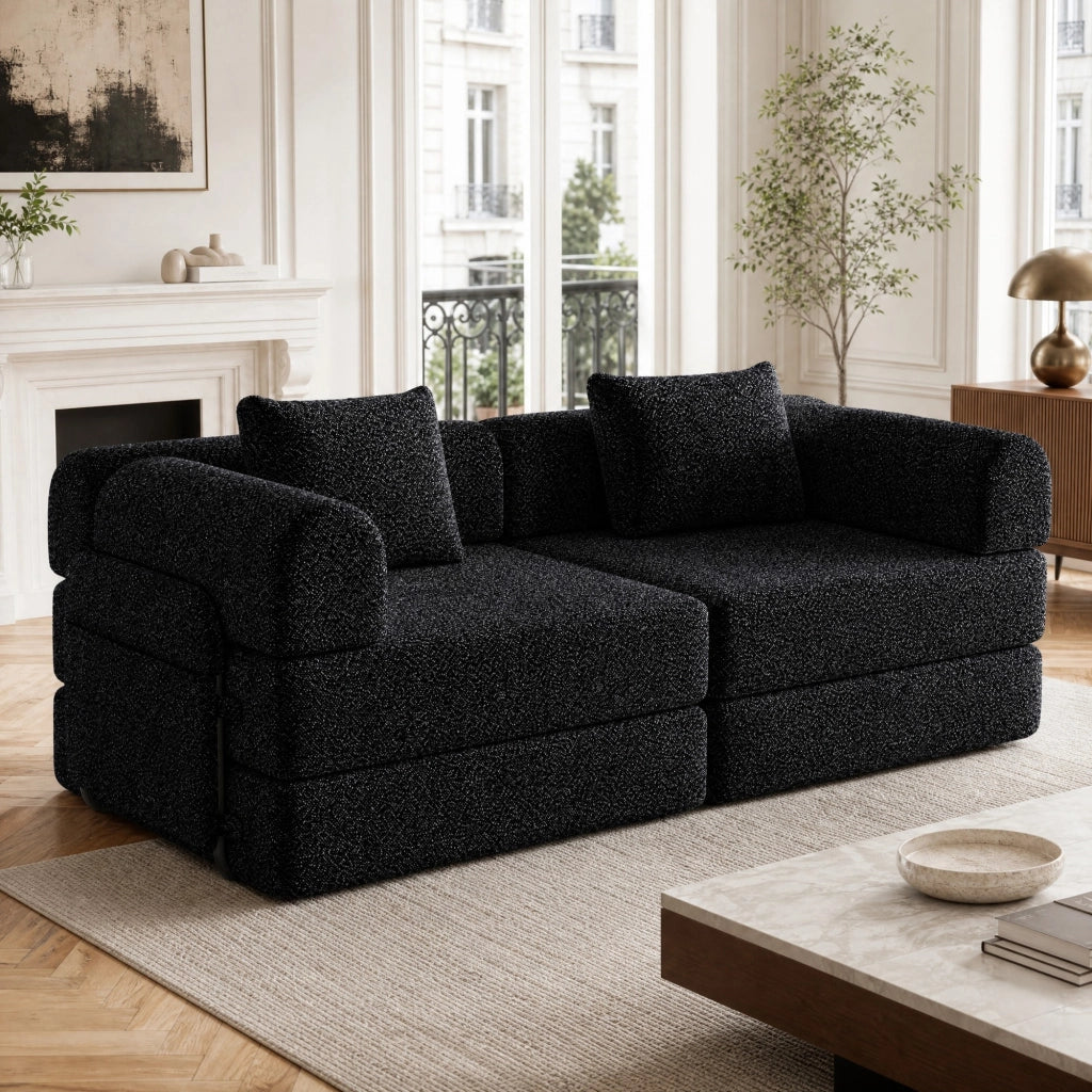 DIVANO LETTO 2 in 1 con vano bracciolo in ciniglia nera