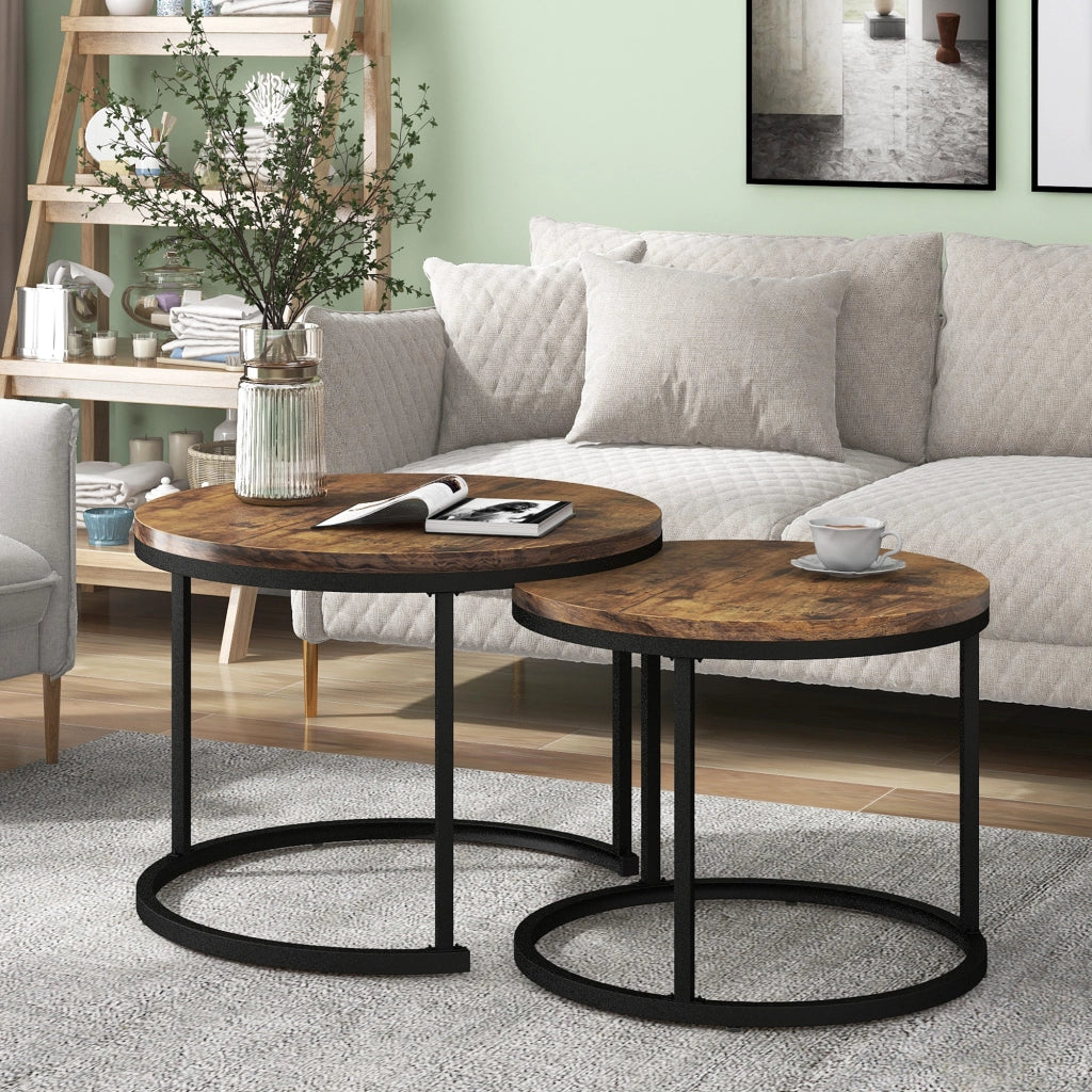 TAVOLINO DA SALOTTO Set 2 pezzi rotondo effetto legno marrone