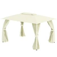 Gazebo da Giardino 4x3m con Doppio Tettuccio, Pareti in Poliestere e Struttura in Acciaio, Beige