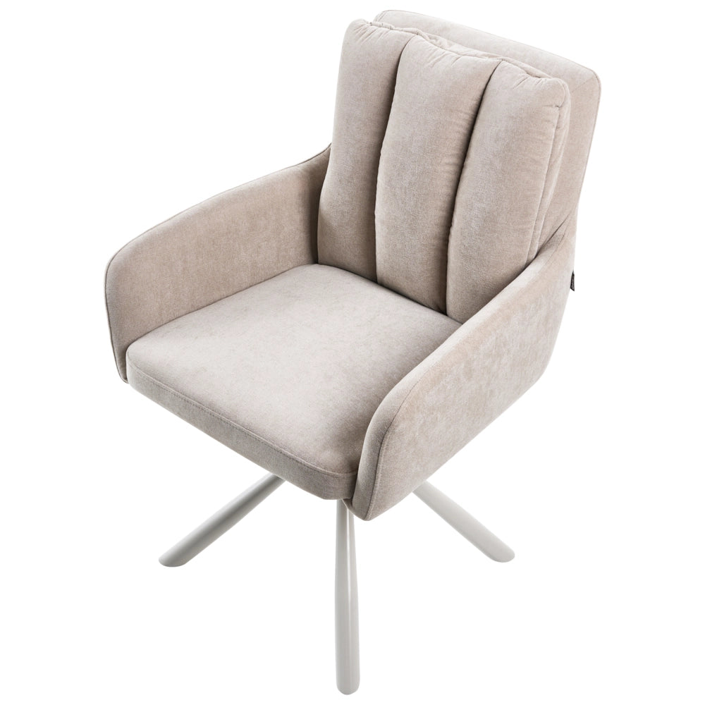 Set di 2 sedie girevoli da pranzo in tessuto beige con braccioli, schienale trapuntato e gambe in metallo, stile retrò-contemporaneo