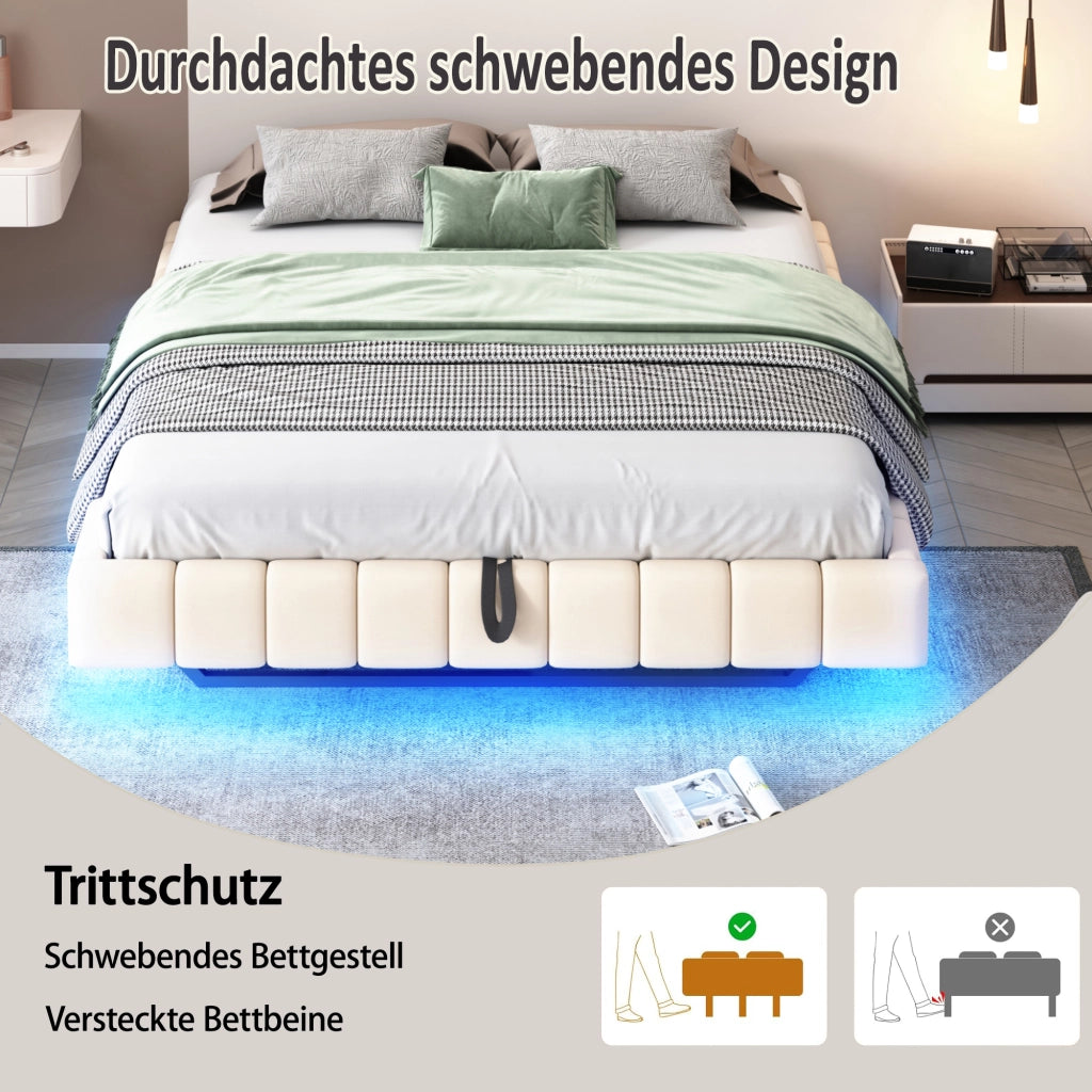 OKWISH Letto Contenitore 180×200 cm, Letto Matrimoniale con LED Regolabile e Sollevamento Idraulico, senza Materasso, in Tessuto, Beige