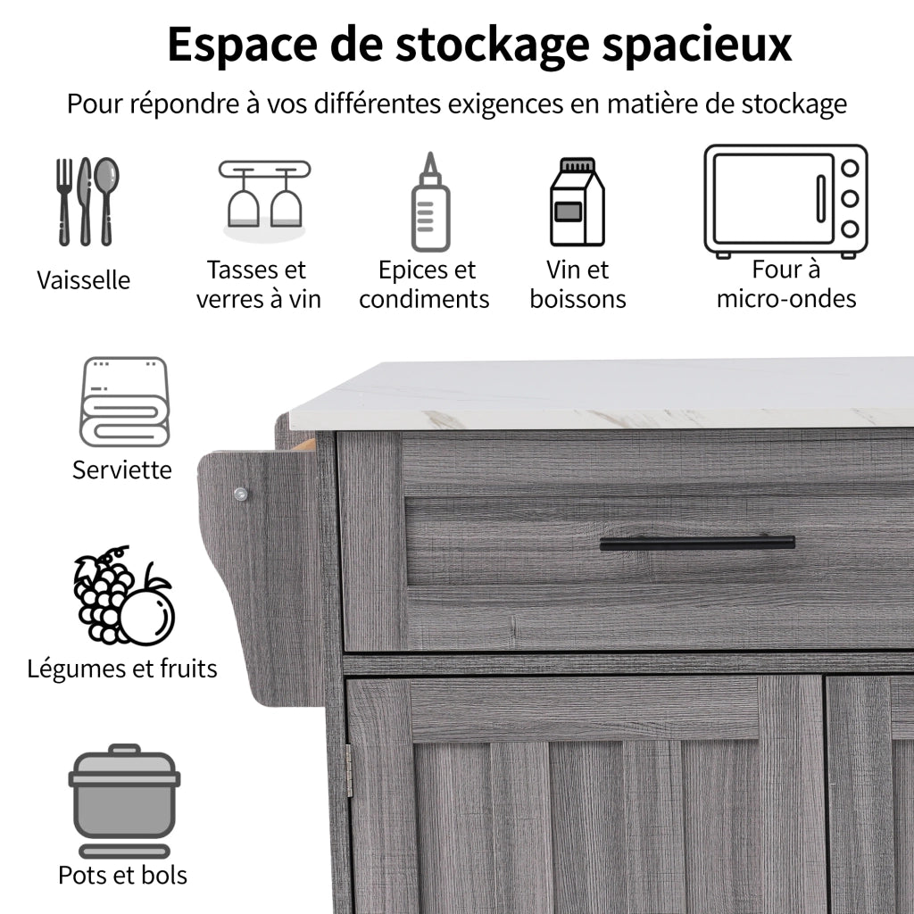Carrello da Cucina con 2 Cassetti; 3 Vani; Piano Ribaltabile; Portaasciugamani e 5 Ruote; in MDF; 129x46x91;5 cm; Grigio e Bianco