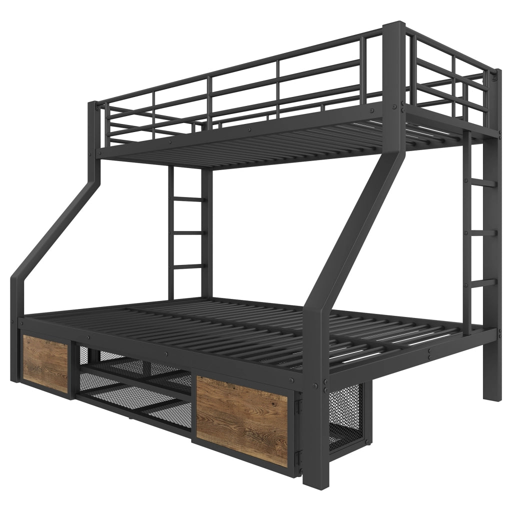 Letto a castello per bambini con scarpiera e vani contenitore; 90x200 cm sopra e 140x200 cm sotto; nero; senza materasso