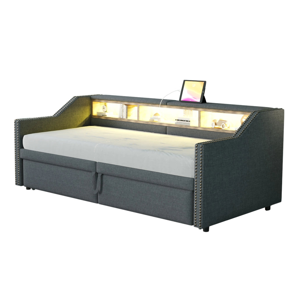 Divano letto 90/180 x 200 cm grigio scuro in lino con contenitore e USB