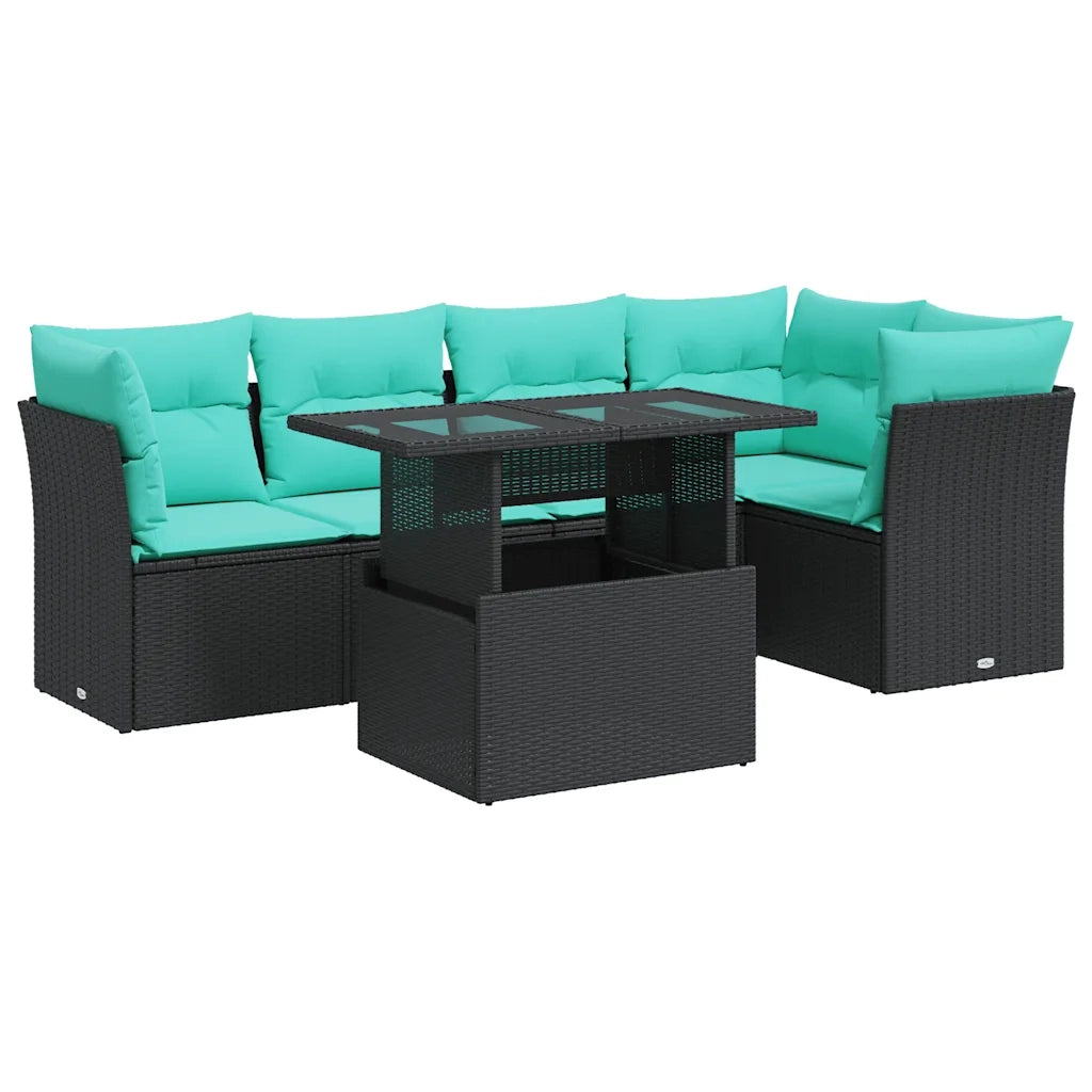Set Divano da Giardino 6 pz con Cuscini Nero Polyrattan Acacia