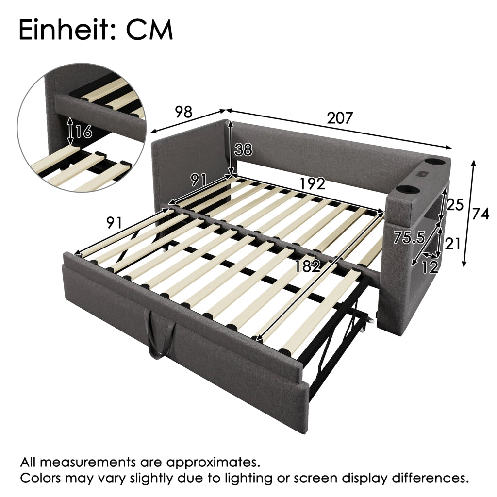 Letto Estraibile 90x190 cm; Letto Singolo - USB; Type-C e Portabicchieri - Grigio