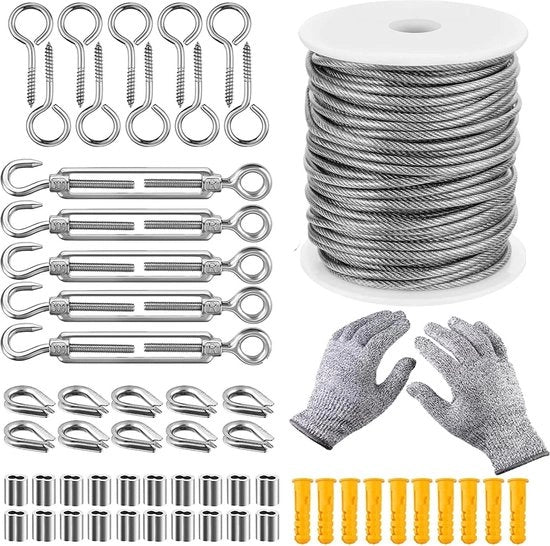 Set di cavi in rame da 58 pezzi, 30 m cavo in rame RVS con occhielli, acciaio RVS 304, rivestimento in PVC, cavi in rame con spannabatteria, fessura chip, viti occhiello per stendibiancheria, cesti per piante.