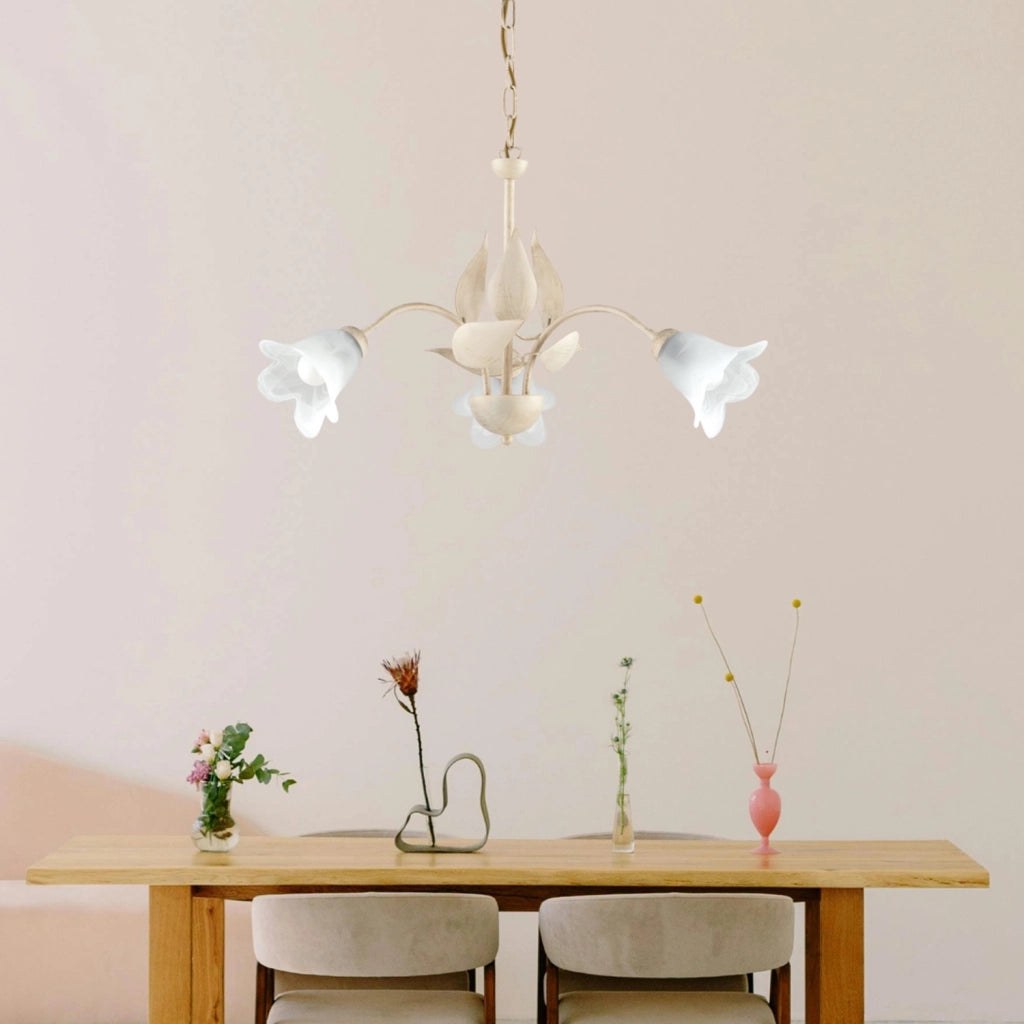 Lampadario 3 Luci Olga Avorio Oro Stile Ferro Battuto Vetro BeLight