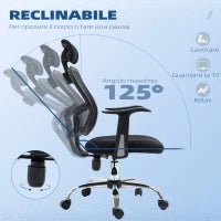Sedia da Ufficio Ergonomica con Seduta Regolabile e Poggiatesta, in Poliestere e Acciaio, 63x62x106-114 cm, Nero