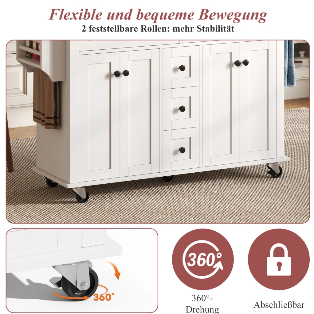 Carrello cucina con piano pieghevole, 5 cassetti e ruote
