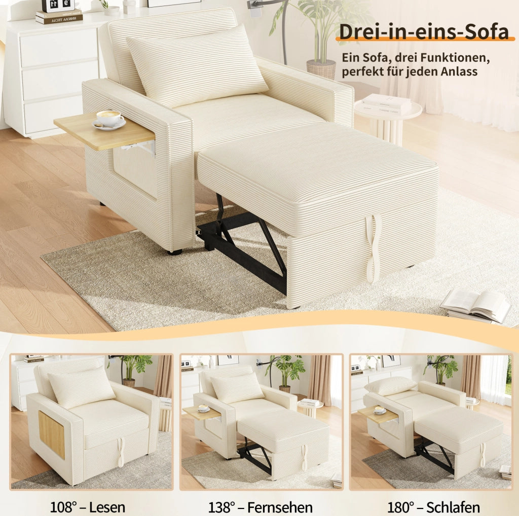 Divano letto 1 posto beige in velluto a coste con USB e Type-C