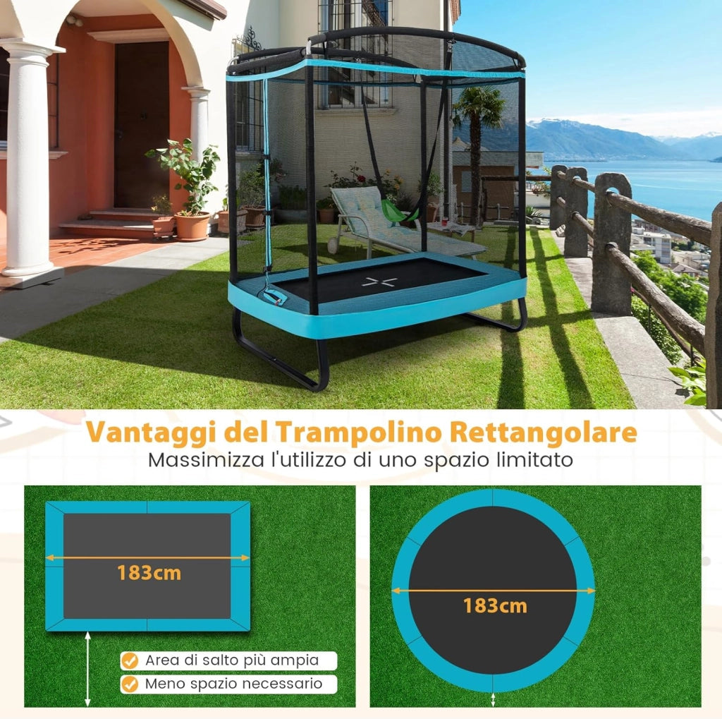 Trampolino per Bambini Rettangolare, Tappeto Elastico da Esterno ed Interno per Bambini da 190CM con Altalena e Rete di Sicurezza per Bambini più di 3 Anni, Portata 100kg
